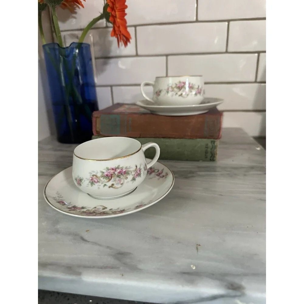 Vintage Selb Paul Mueller Set Of 2 Tea Cups & Saucers Gold Trim Pink Roses